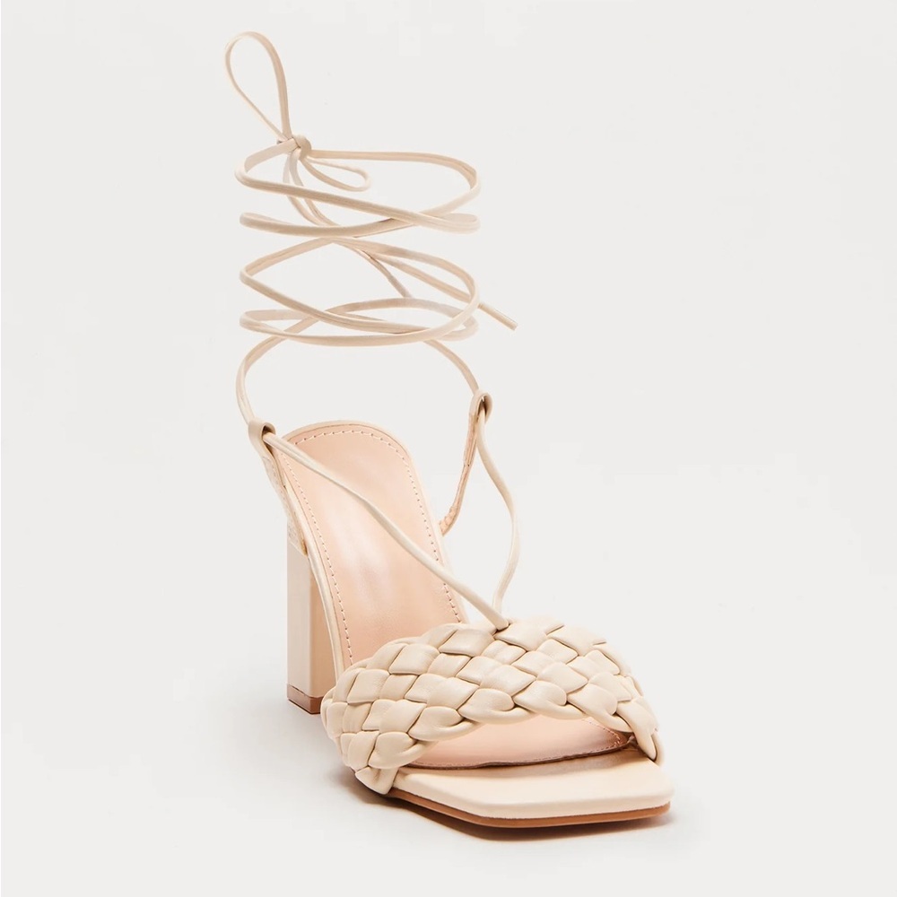 Braided Wrap Up Heels - Square Toe Block Heel Sandals - Beige - Size 11
